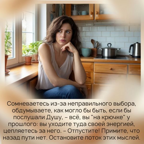 Сомневаетесь из-за неправильного выбора, обдумываете, как могло бы быть, если бы послушали Душу, – всё, вы "на крючке" у прошлого: вы уходите туда своей энергией, цепляетесь за него. – Отпустите! Примите, что назад пути нет. 
