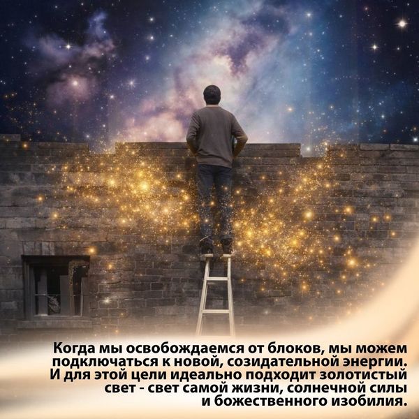 Когда мы освобождаемся от блоков, мы можем подключаться к новой, созидательной энергии. И для этой цели идеально подходит золотистый свет - свет самой жизни, солнечной силы и божественного изобилия.