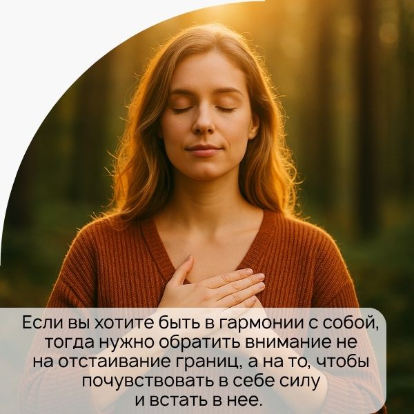 Если вы хотите быть в гармонии с собой, тогда нужно обратить внимание не на отстаивание границ, а на то, чтобы почувствовать в себе силу и встать в нее.
