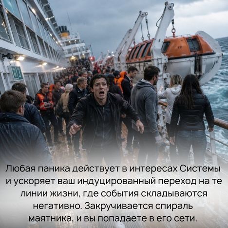 Любая паника действует в интересах Системы и ускоряет ваш индуцированный переход на те линии жизни, где события складываются негативно. Закручивается спираль маятника, и вы попадаете в его сети.