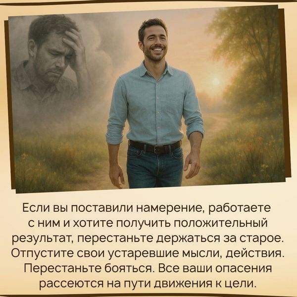Отпустите устаревшие мысли Если вы поставили намерение, работаете с ним и хотите получить положительный результат, перестаньте держаться за старое. Отпустите свои устаревшие мысли, действия. Перестаньте бояться. Все ваши опасения рассеются на пути движения к цели.