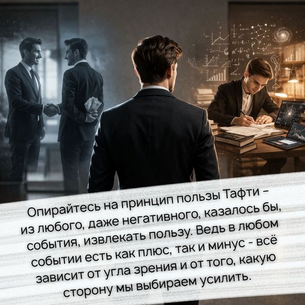 Опирайтесь на принцип пользы Тафти – из любого, даже негативного, казалось бы, события, извлекать пользу. Ведь в любом событии есть как плюс, так и минус - всё зависит от угла зрения и от того, какую сторону мы выбираем усилить. 