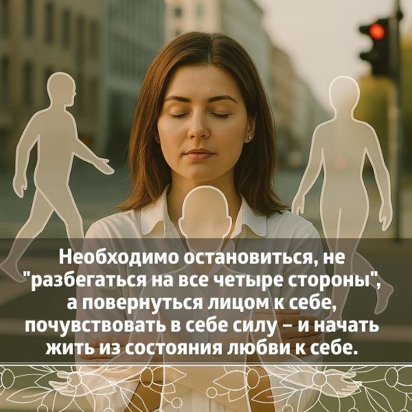 Необходимо остановиться, не "разбегаться на все четыре стороны", а повернуться лицом к себе, почувствовать в себе силу – и начать жить из состояния любви к себе.