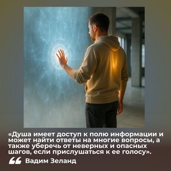 «Душа имеет доступ к полю информации и может найти ответы на многие вопросы, а также уберечь от неверных и опасных шагов, если прислушаться к ее голосу». Вадим Зеланд