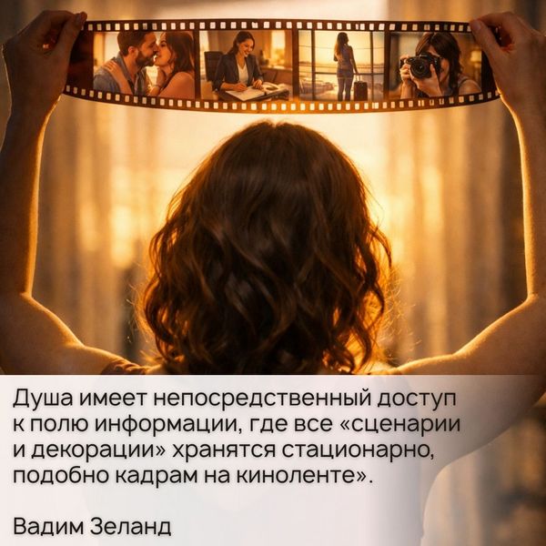 Как пишет Вадим Зеланд, "Душа имеет непосредственный доступ к полю информации, где все «сценарии и декорации» хранятся стационарно, подобно кадрам на киноленте» (Вадим Зеланд, «Практический курс Трансерфинга за 78 дней»).