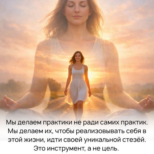 Ведь мы делаем практики не ради самих практик. Мы делаем их, чтобы реализовывать себя в этой жизни, идти своей уникальной стезёй. Это инструмент, а не цель.