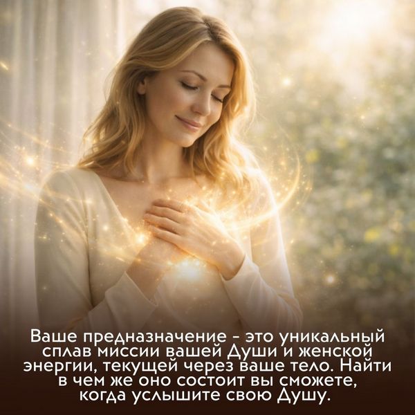 Ваше предназначение - это уникальный сплав миссии вашей Души и женской энергии, текущей через ваше тело. Найти в чем же оно состоит вы сможете, когда услышите свою Душу. 