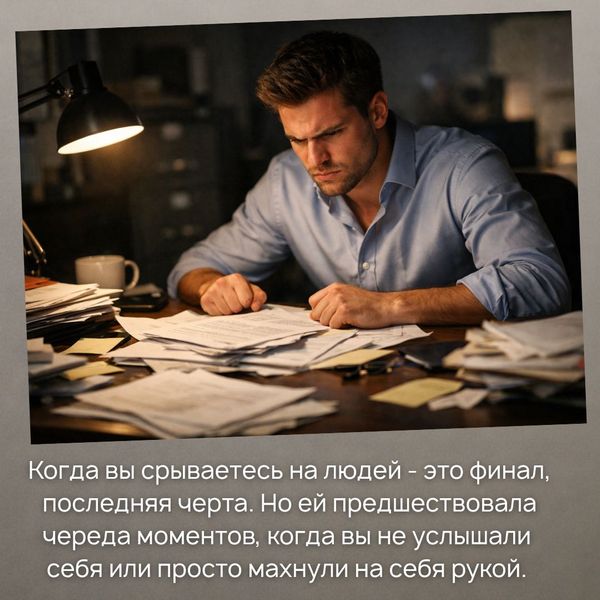 Когда вы срываетесь на людей - это финал, последняя черта. Но ей предшествовала череда моментов, когда вы не услышали себя или просто махнули на себя рукой. Не позволили себе сделать то, чего по-настоящему хотели, потому что разум диктовал: "Не время!", "Ты не сможешь" или что-то еще. 