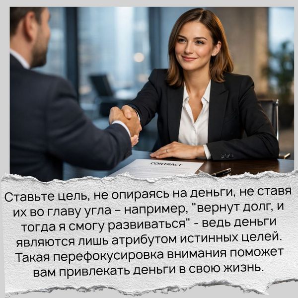 ставьте цель, не опираясь на деньги, не ставя их во главу угла – например, "вернут долг, и тогда я смогу развиваться" - ведь деньги являются лишь атрибутом истинных целей. Такая перефокусировка внимания поможет вам привлекать деньги в свою жизнь. 