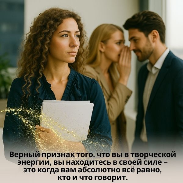 Верный признак того, что вы в творческой энергии, вы находитесь в своей силе – это когда вам абсолютно всё равно, кто и что говорит. Вы знаете, что вы есть, вы Творец, вами движет мощь и сила ваших истинных целей. 