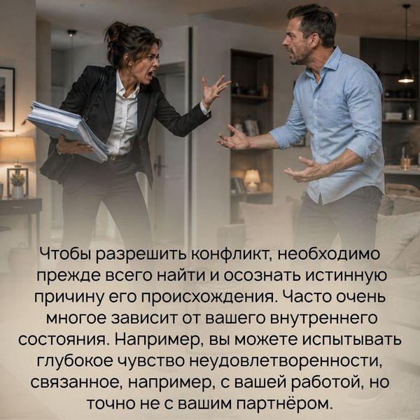 Чтобы разрешить конфликт, необходимо прежде всего найти и осознать истинную причину его происхождения. Часто очень многое зависит от вашего внутреннего состояния. Например, вы можете испытывать глубокое чувство неудовлетворенности, связанное, например, с вашей работой, но точно не с вашим партнёром. И вы не можете перекладывать на него ответственность за вашу жизнь, обвинять его в ваших неудачах или нереализованности. 
