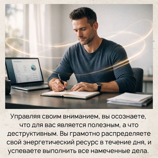 Управляя своим вниманием, вы осознаете, что для вас является полезным, а что деструктивным. Вы грамотно распределяете свой энергетический ресурс в течение дня, и успеваете выполнить все намеченные дела. 