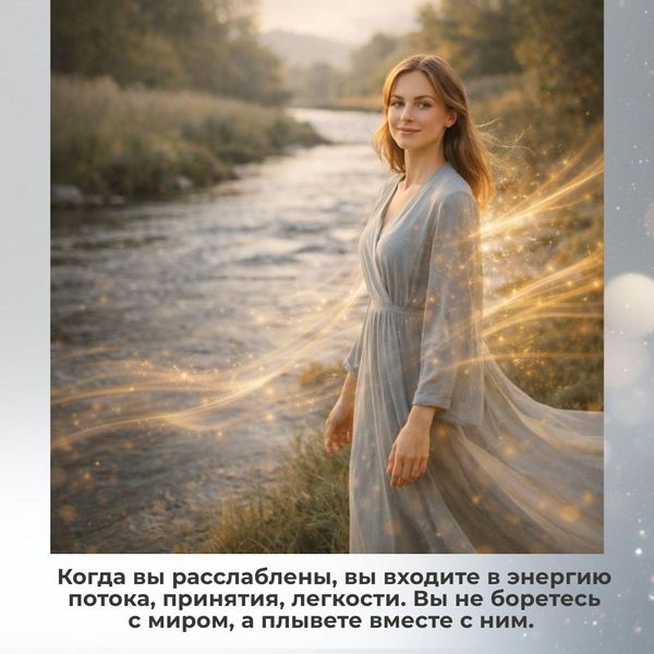 Когда вы расслаблены, вы входите в в энергию потока, принятия, легкости. Вы не боретесь с миром, а плывете вместе с ним. Вы чувствуете себя его частью и слышите его подсказки. Вас ведет мощная сила внешнего намерения.