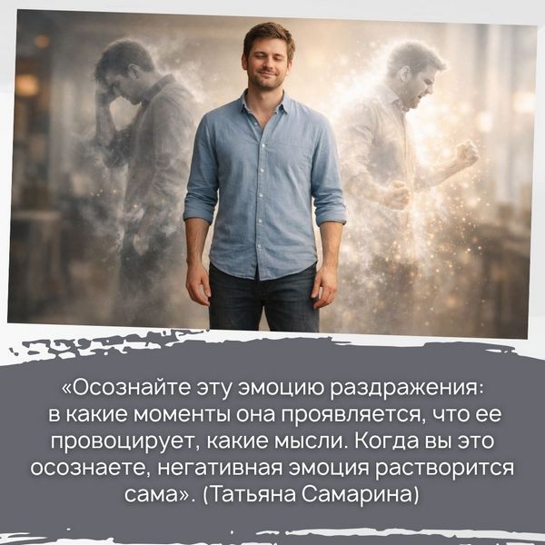 «Осознайте эту эмоцию раздражения: в какие моменты она проявляется, что ее провоцирует, какие мысли. Когда вы это осознаете, негативная эмоция растворится сама. Также вы можете выразить и прожить раздражение физически, через тело: побегать, поотжиматься или побить подушку. Но главное – это именно осознание» (Татьяна Самарина)