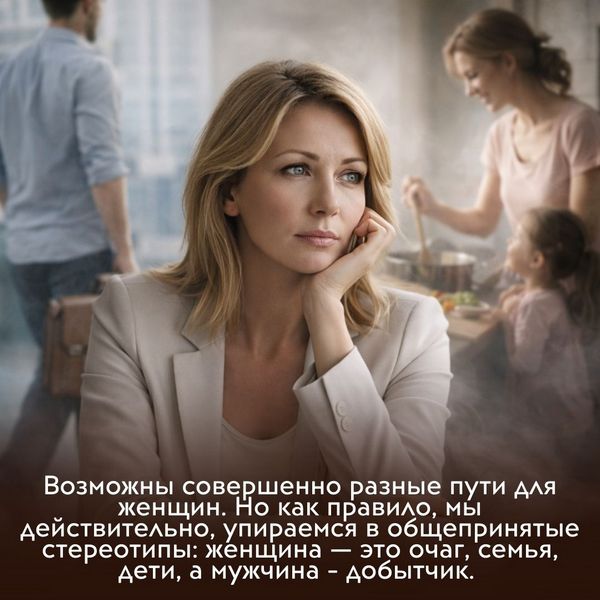 Возможны совершенно разные пути для женщин. Но как правило, мы действительно, упираемся в общепринятые стереотипы: женщина — это очаг, семья, дети, а мужчина - добытчик. Это не значит, что этот путь плох, так жить не нужно. Это значит, что это всего лишь один из возможных сценариев, но можно и по-другому. 