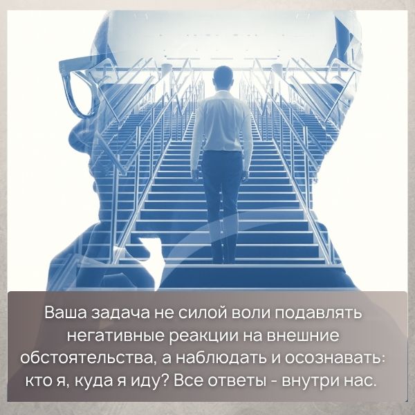 Ваша задача не силой воли подавлять негативные реакции на внешние обстоятельства, а наблюдать и осознавать: кто я, куда я иду? Все ответы - внутри нас. 