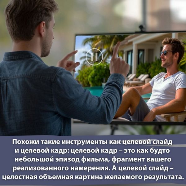 Похожи такие инструменты как целевой слайд и целевой кадр: целевой кадр – это как будто небольшой эпизод фильма, фрагмент вашего реализованного намерения. А целевой слайд – целостная объемная картина желаемого результата.