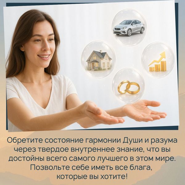 Обретите состояние гармонии Души и разума через твердое внутреннее знание, что вы достойны всего самого лучшего в этом мире. Позвольте себе иметь все блага, которые вы хотите!