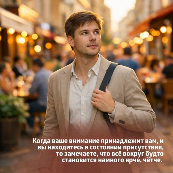 Когда ваше внимание принадлежит вам и вы находитесь в состоянии присутствия, то замечаете, что все вокруг будто становится намного ярче, чётче.