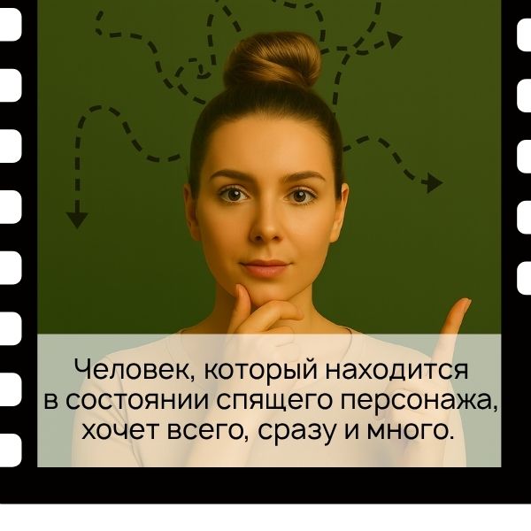 Человек, который находится в состоянии спящего персонажа, хочет всего, сразу и много.