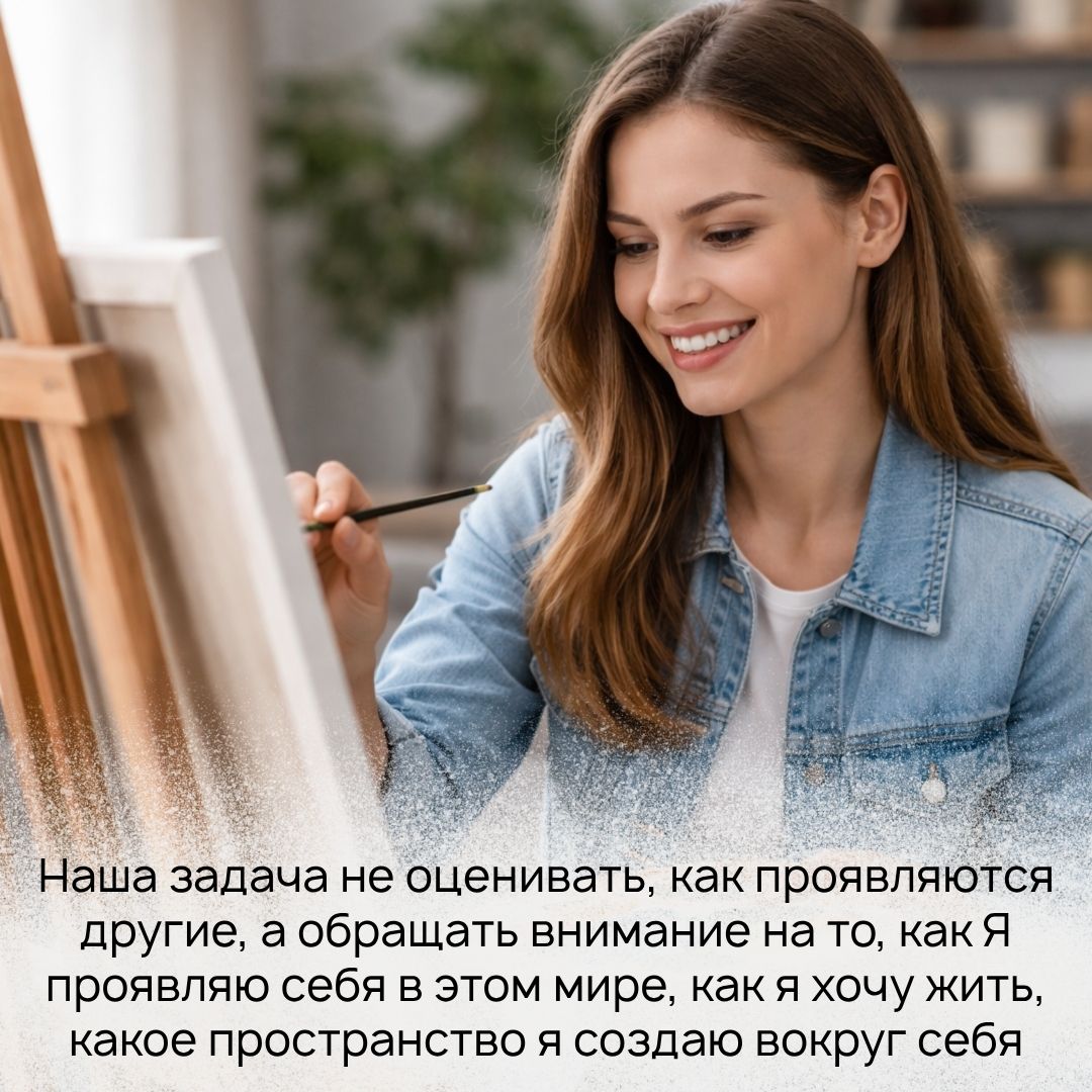 А задача совсем в другом: не оценивать, как проявляются другие, а обращать внимание на то, как Я проявляю себя в этом мире, как я хочу жить, какое пространство я создаю вокруг себя.