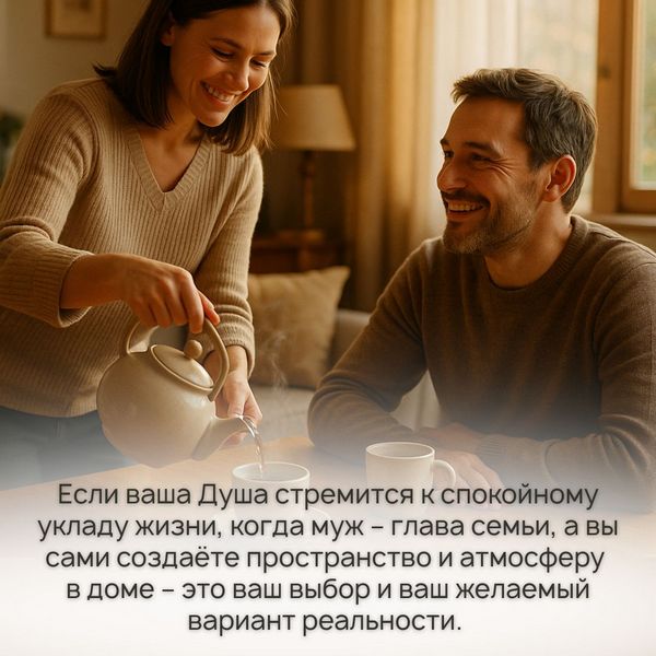 Спокойный уклад жизни  Если ваша Душа стремится к спокойному укладу жизни, когда муж – глава семьи, а вы сами создаёте пространство и атмосферу в доме – это ваш выбор и ваш желаемый вариант реальности.