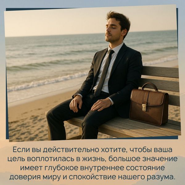 Если вы действительно хотите, чтобы ваша цель воплотилась в жизнь, большое значение имеет глубокое внутреннее состояние доверия миру и спокойствие нашего разума. 