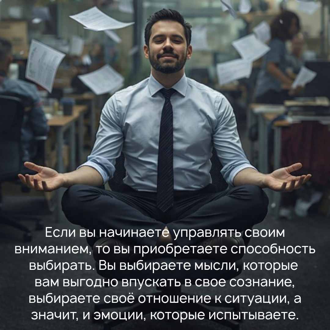 Если вы начинаете управлять своим вниманием, то вы приобретаете способность выбирать. Вы выбираете мысли, которые вам выгодно впускать в свое сознание, выбираете своё отношение к ситуации, а значит, и эмоции, которые испытываете.