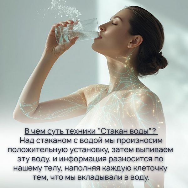 В Трансерфинге есть техника «Стакан воды»: над стаканом с водой мы произносим положительную установку, затем выпиваем эту воду, и информация разносится по нашему телу, наполняя каждую клеточку тем, что мы вкладывали в воду. 