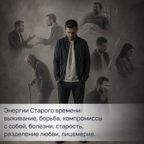Энергии Старого времени: выживание, борьба, компромиссы с собой, болезни, старость, разделение любви, лицемерие. Мы постоянно чего-то боимся: «А вдруг мне не хватит? А вдруг я не успею? Я должен… Я должна… Что делать, если…». 