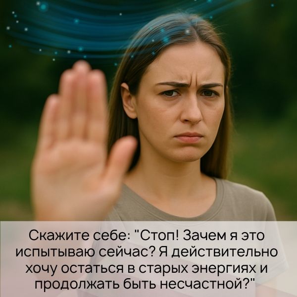 Скажите себе: "Стоп! Зачем я это испытываю сейчас? Я действительно хочу остаться в старых энергиях и продолжать быть несчастной?"