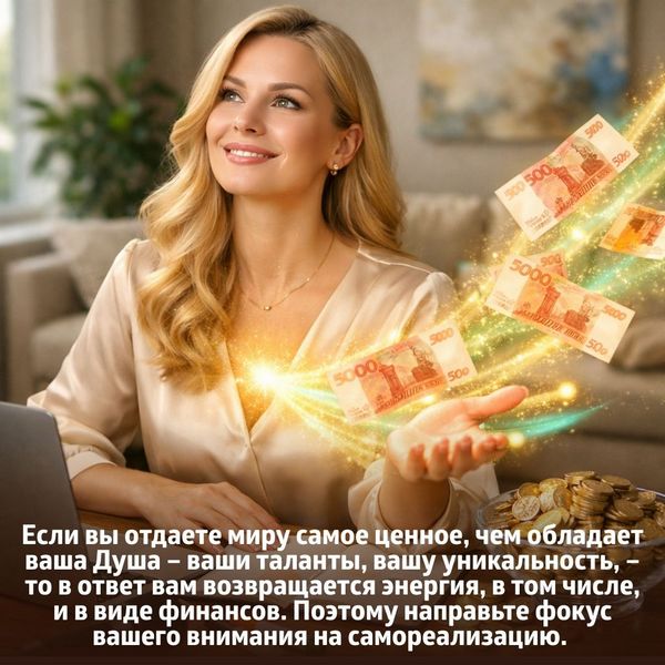  Если вы отдаете миру самое ценное, чем обладает ваша Душа – ваши таланты, вашу уникальность, – то в ответ вам возвращается энергия, в том числе, и в виде финансов. Поэтому направьте фокус вашего внимания на самореализацию.