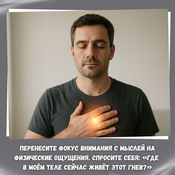 Теперь перенесите фокус внимания с мыслей на физические ощущения. Спросите себя: «Где в моём теле сейчас живёт этот гнев?»