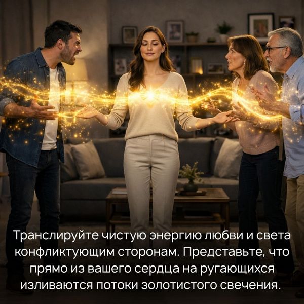  Транслировать чистую энергию любви и света конфликтующим сторонам. Представьте, что прямо из вашего сердца на ругающихся изливаются потоки золотистого свечения. Наполняя и ваших родителей, и вашего супруга светом любви, вы тем самым очищаете их мысли и пространство вокруг них, и наполняете этой энергией их сердца.