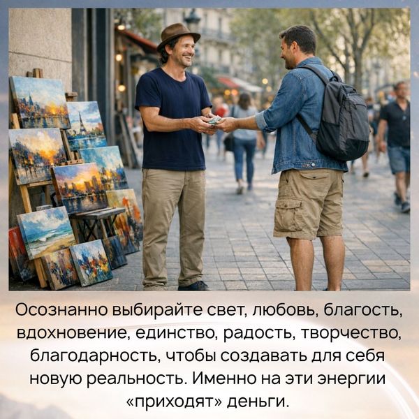 Осознанно выбирать свет, любовь, благость, вдохновение, единство, радость, творчество, благодарность, чтобы создавать для себя новую реальность. Именно на эти энергии «приходят» деньги. 