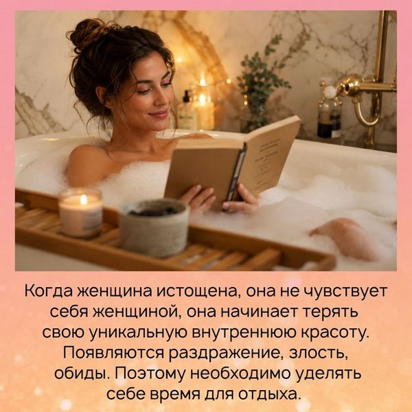 Я глубоко убеждена, что, когда женщина истощена, она не чувствует себя женщиной, она начинает терять свою уникальную внутреннюю красоту. Появляются раздражение, злость, обиды. Поэтому необходимо уделять себе время для отдыха. 