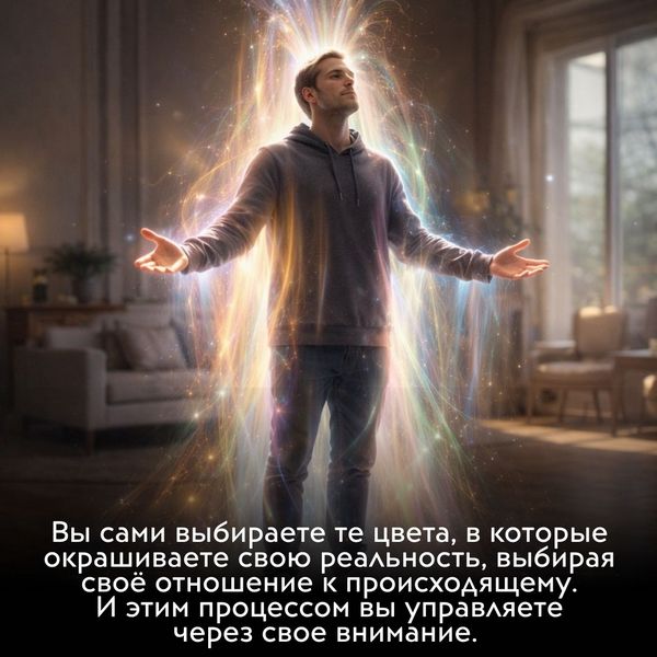 Вы сами выбираете те цвета, в которые окрашиваете свою реальность, выбирая своё отношение к происходящему. И этим процессом вы управляете через свое внимание.