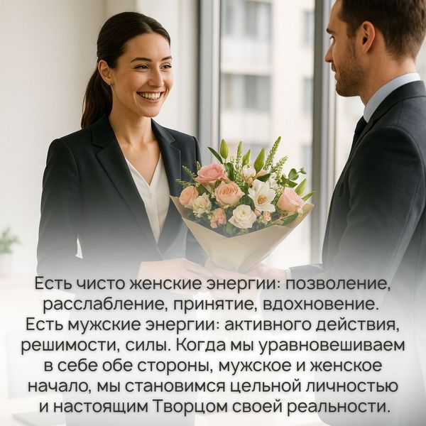 Женские и мужские энергии Есть чисто женские энергии: позволение, расслабление, принятие, вдохновение, но это не означает, что у мужчин их не должно быть. Есть мужские энергии: активного действия, решимости, силы, и это тоже не значит, что женщины должны обходиться без этого. Когда мы уравновешиваем в себе обе стороны, мужское и женское начало, мы становимся цельной личностью и настоящим Творцом своей реальности.