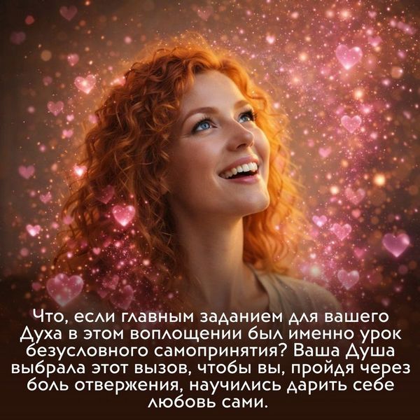 Но что, если главным заданием для вашего Духа в этом воплощении был именно урок безусловного самопринятия? Ваша Душа выбрала этот вызов, чтобы вы, пройдя через боль отвержения, научились дарить себе любовь сами. 