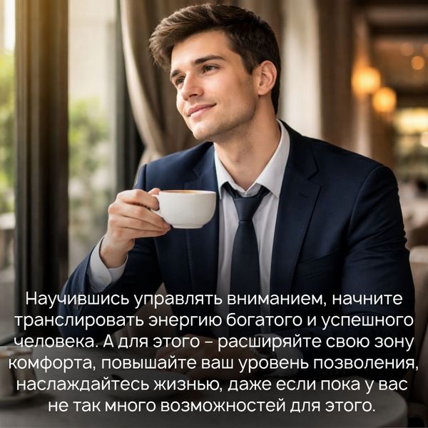 Начните с мелочей: красивая чашка для кофе, дорогой кошелёк, расслабляющая ванна с пеной. Получайте удовольствие от каждого момента жизни. Помните: наслаждение дарует процветание! 
