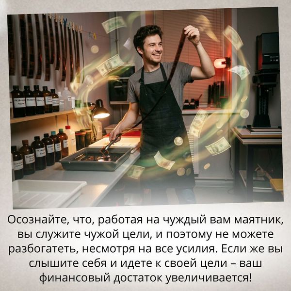 Осознайте, что, работая на чуждый вам маятник, вы служите чужой цели, и поэтому не можете разбогатеть, несмотря на все усилия. Если же вы слышите себя и идете к своей цели – ваш финансовый достаток увеличивается!