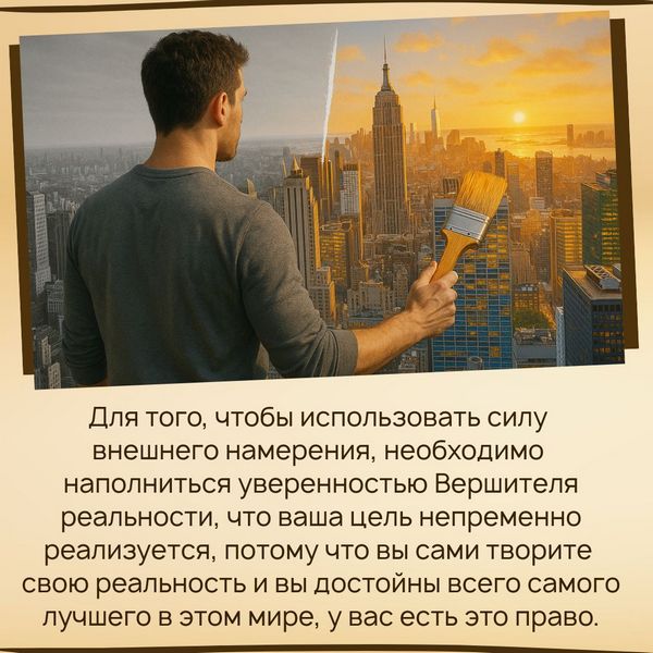 Сила внешнего намерения Для того, чтобы использовать эту силу, необходимо наполниться уверенностью Вершителя реальности, что ваша цель непременно реализуется, потому что вы сами творите свою реальность и вы достойны всего самого лучшего в этом мире, у вас есть это право.