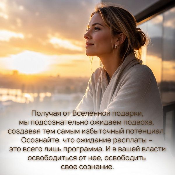 Получая от Вселенной такие подарки, мы подсознательно ожидаем подвоха, создавая тем самым избыточный потенциал. Осознайте, что ожидание расплаты – это всего лишь программа. И в вашей власти освободиться от нее, освободить свое сознание.