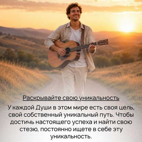 У каждой души в этом мире есть своя цель, свой собственный уникальный путь. Чтобы достичь настоящего успеха и найти свою стезю, постоянно ищете в себе эту уникальность, подмечайте все ваши достоинства и сильные стороны, цените все свои победы, даже те, которые вам кажутся незначительными. 