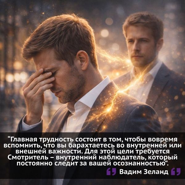 «Главная трудность состоит в том, чтобы вовремя вспомнить, что вы барахтаетесь во внутренней или внешней важности. Для этой цели требуется Смотритель – внутренний наблюдатель, который постоянно следит за вашей осознанностью» (Вадим Зеланд). 