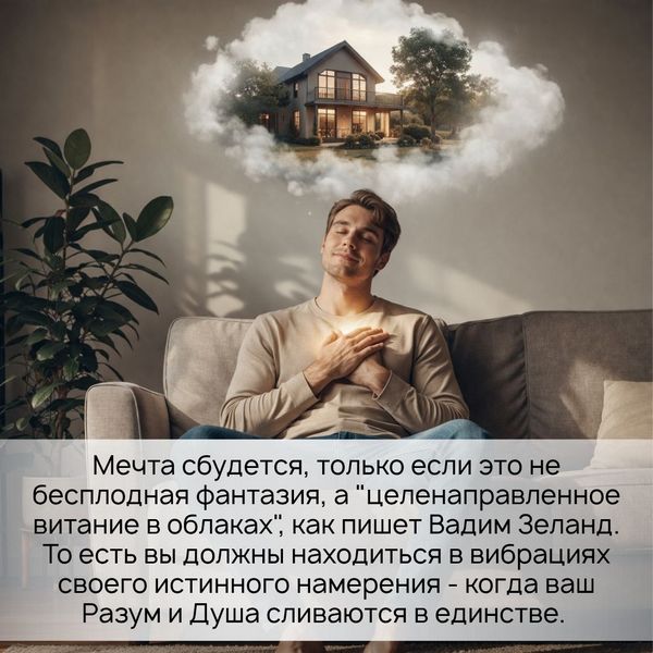 Мечта сбудется, только если это не бесплодная фантазия, а "целенаправленное витание в облаках", как пишет Вадим Зеланд. То есть вы должны находиться в вибрациях своего истинного намерения - когда ваш Разум и Душа сливаются в единстве.