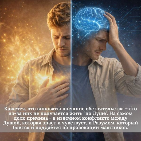 Кажется, что виноваты внешние обстоятельства – это из-за них не получается жить "по Душе". На самом деле причина - в извечном конфликте между Душой, которая знает и чувствует, и Разумом, который боится и поддаётся на провокации маятников.