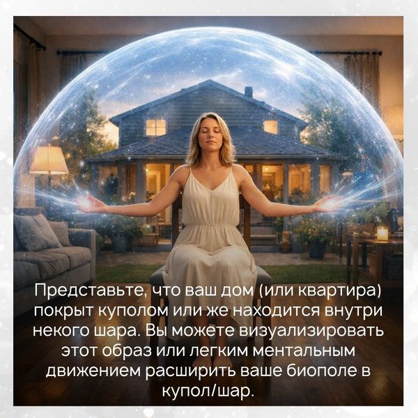 представьте, что ваш дом (или квартира) покрыт куполом или же находится внутри некого шара. Вы можете визуализировать этот образ или легким ментальным движением расширить ваше биополе в купол/шарП