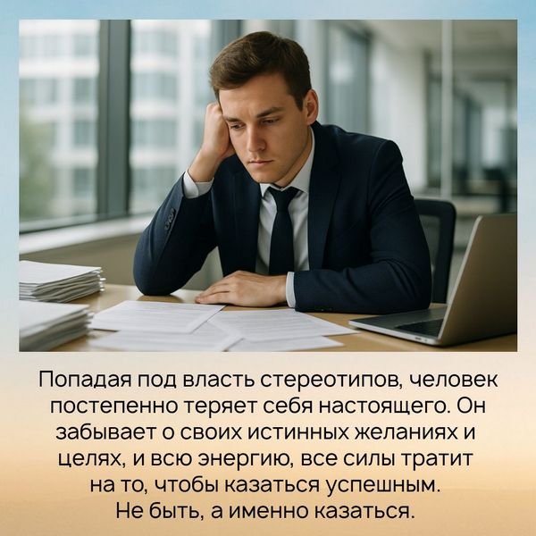 Попадая под власть этих стереотипов, человек постепенно теряет себя настоящего. Он забывает о своих истинных желаниях и целях, и всю энергию, все силы тратит на то, чтобы казаться успешным.