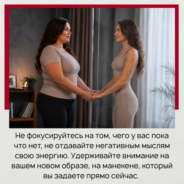 В процессе выполнения практики не смотрите на то, чего у вас пока нет. Например, сейчас у вас пока не очень крепкое здоровье и лишний вес. Не фокусируйтесь на этом, не отдавайте негативным мыслям свою энергию. Удерживайте внимание на вашем новом образе, на манекене, который вы задаете прямо сейчас. Представьте его во всех красках – и засыпайте. 